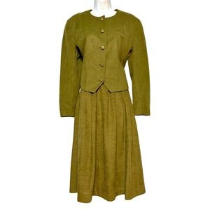 Olive Green Button Front Cropped Jacket Pleated Midi Skirt Set Women's Size M